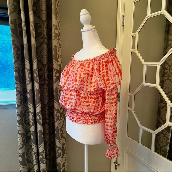 DKNY Colorful Silk Off the Shoulder Ruffle Blouse - M - Picture 2 of 7